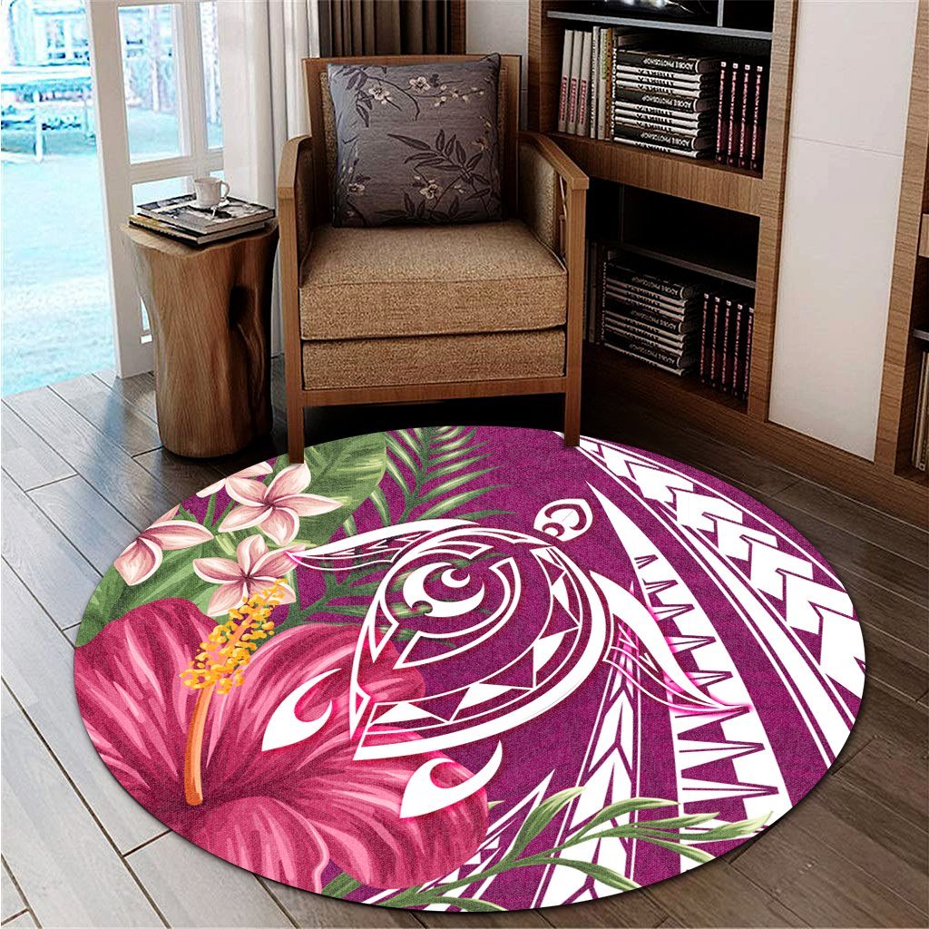 Hawaii Polynesian Turtle Tropical Hibiscus Plumeria Round Carpet - Pink - AH - Polynesian Pride