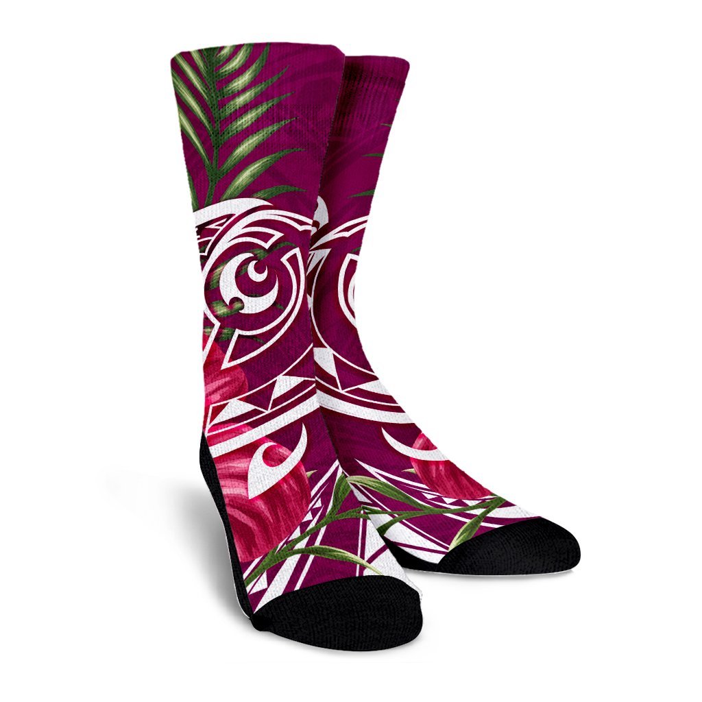Hawaii Polynesian Turtle Tropical Hibiscus Plumeria Crew Socks - Pink - AH - Polynesian Pride