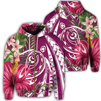 Hawaii Zip Hoodie Polynesian Turtle Tropical Hibiscus Plumeria Pink Unisex Art - Polynesian Pride