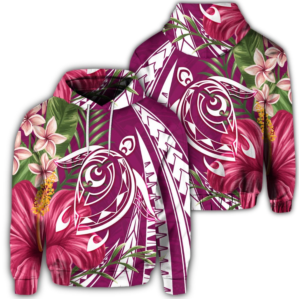 Hawaiian Polynesian Turtle Tropical Hibiscus Plumeria Hoodie Pink Unisex Art - Polynesian Pride