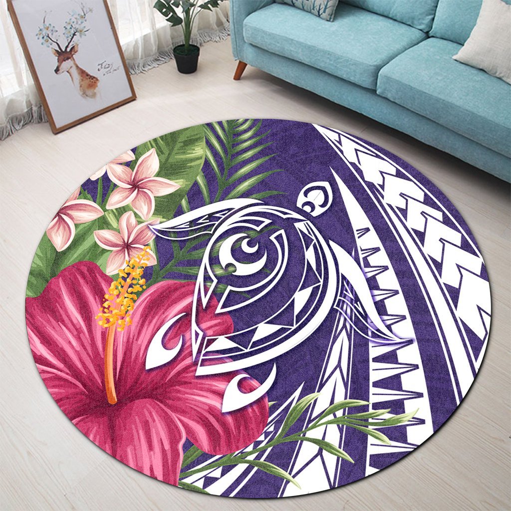 Hawaii Polynesian Turtle Tropical Hibiscus Plumeria Round Carpet - Purple - AH - Polynesian Pride