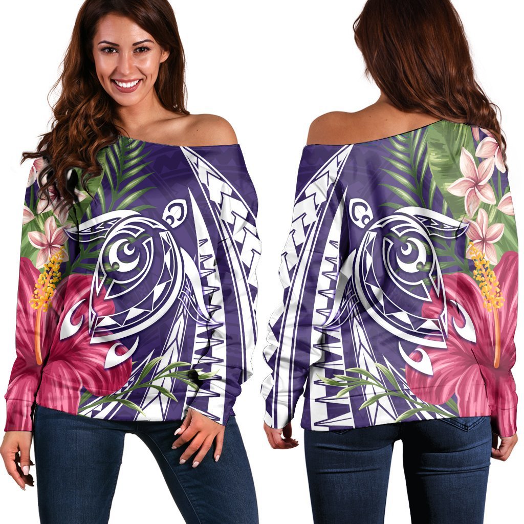 Hawaii Polynesian Turtle Tropical Hibiscus Plumeria Women's Off Shoulder Sweater - Purple - AH Black - Polynesian Pride