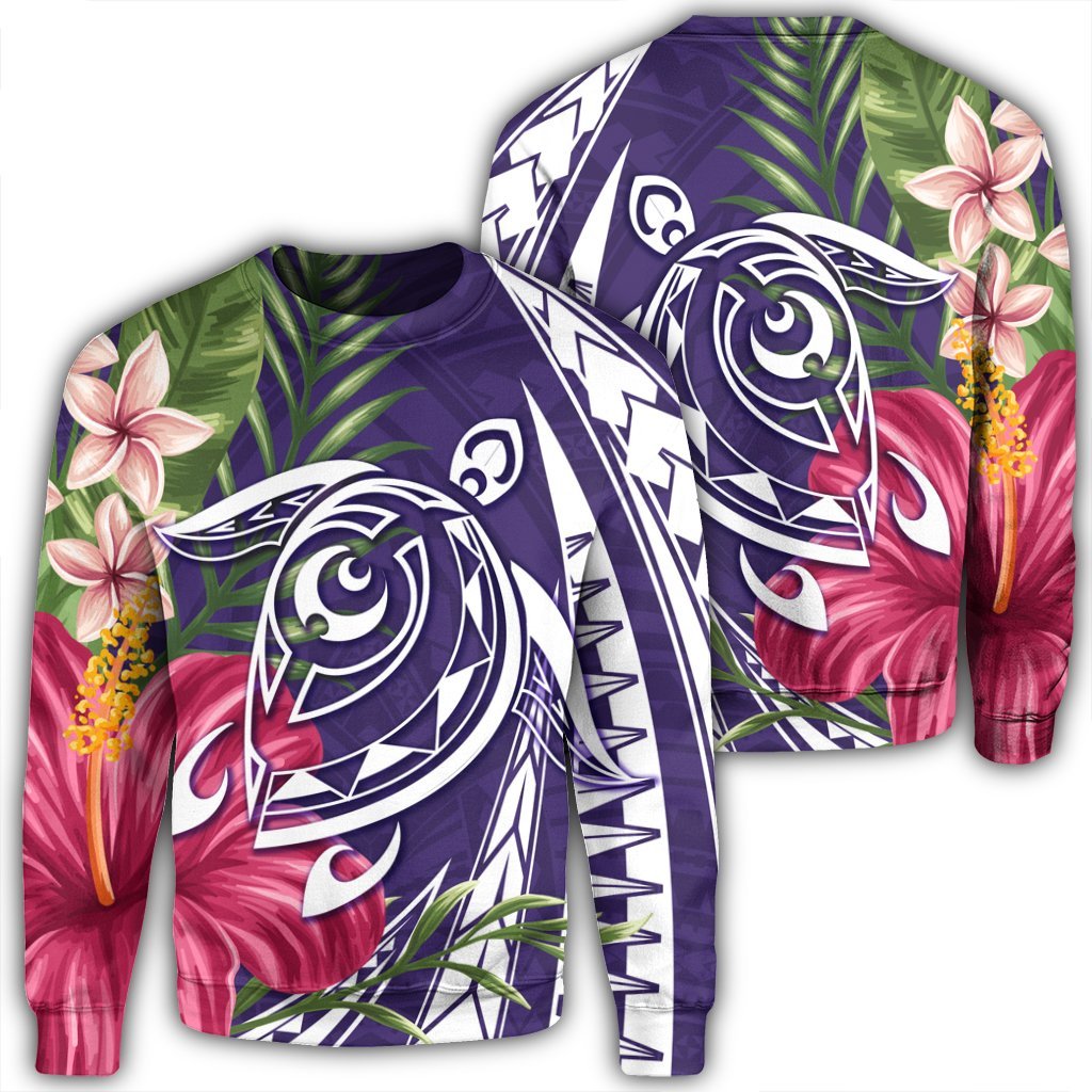 Hawaii Polynesian Turtle Tropical Hibiscus Plumeria Sweatshirt - Purple - AH Unisex Black - Polynesian Pride
