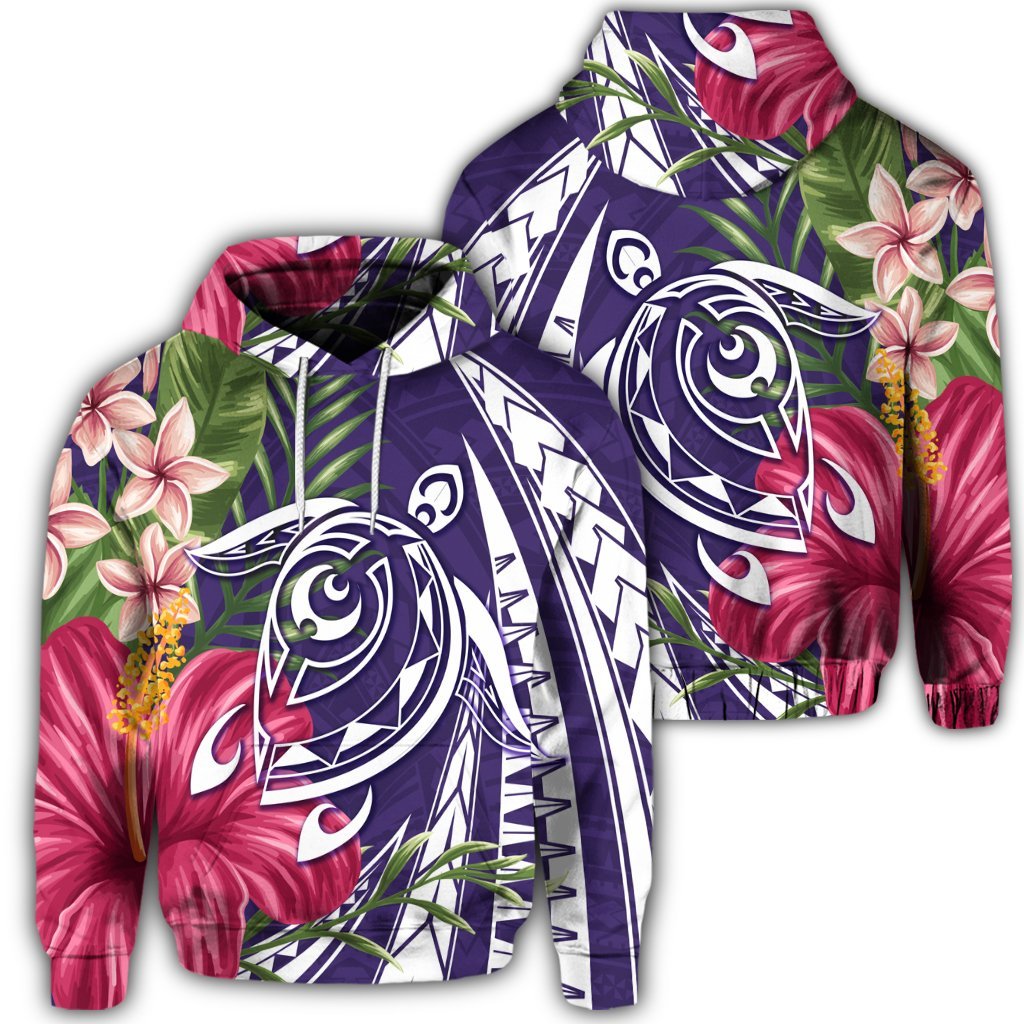 Hawaiian Polynesian Turtle Tropical Hibiscus Plumeria Hoodie Purple Unisex Art - Polynesian Pride