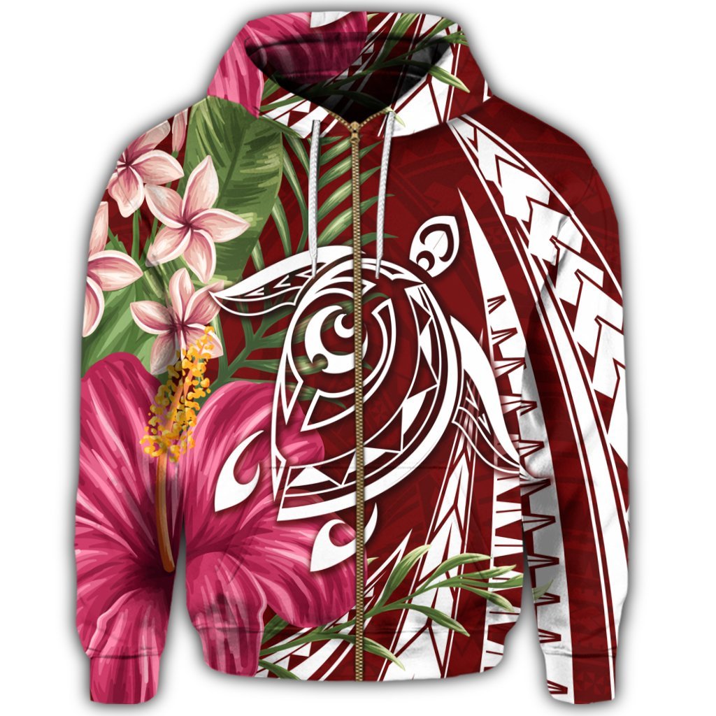Hawaii Zip Hoodie Polynesian Turtle Tropical Hibiscus Plumeria Red - Polynesian Pride