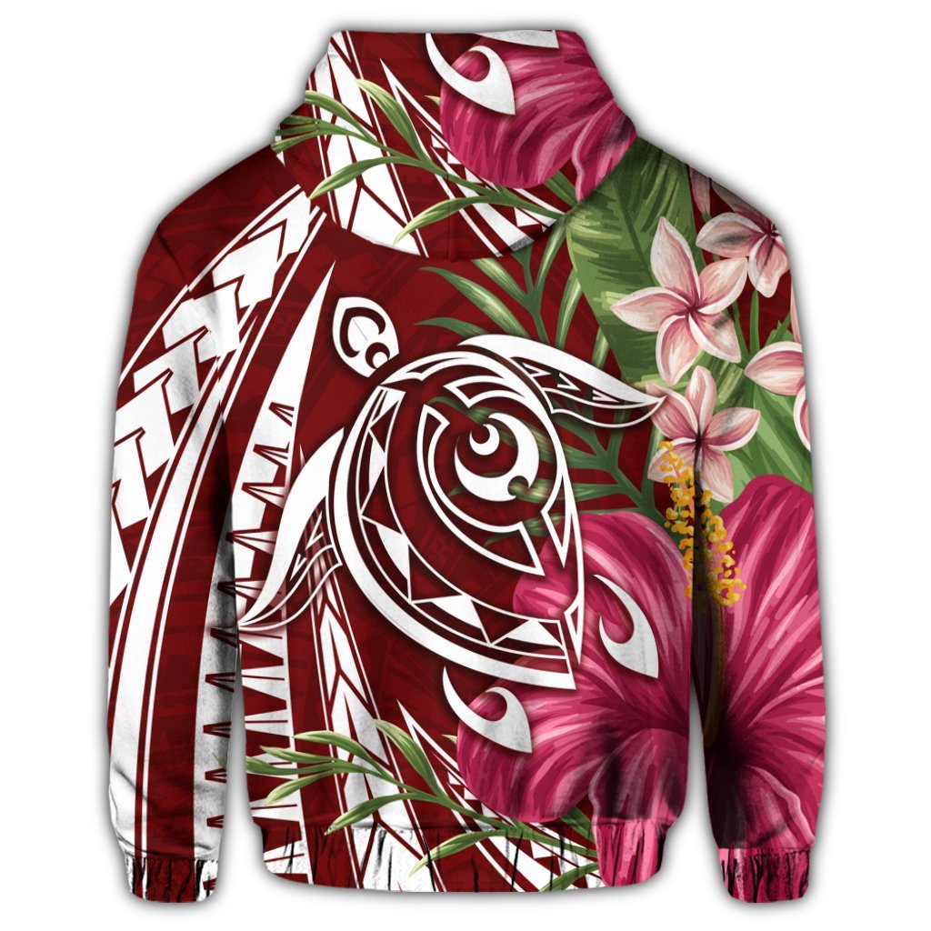 Hawaii Zip Hoodie Polynesian Turtle Tropical Hibiscus Plumeria Red - Polynesian Pride