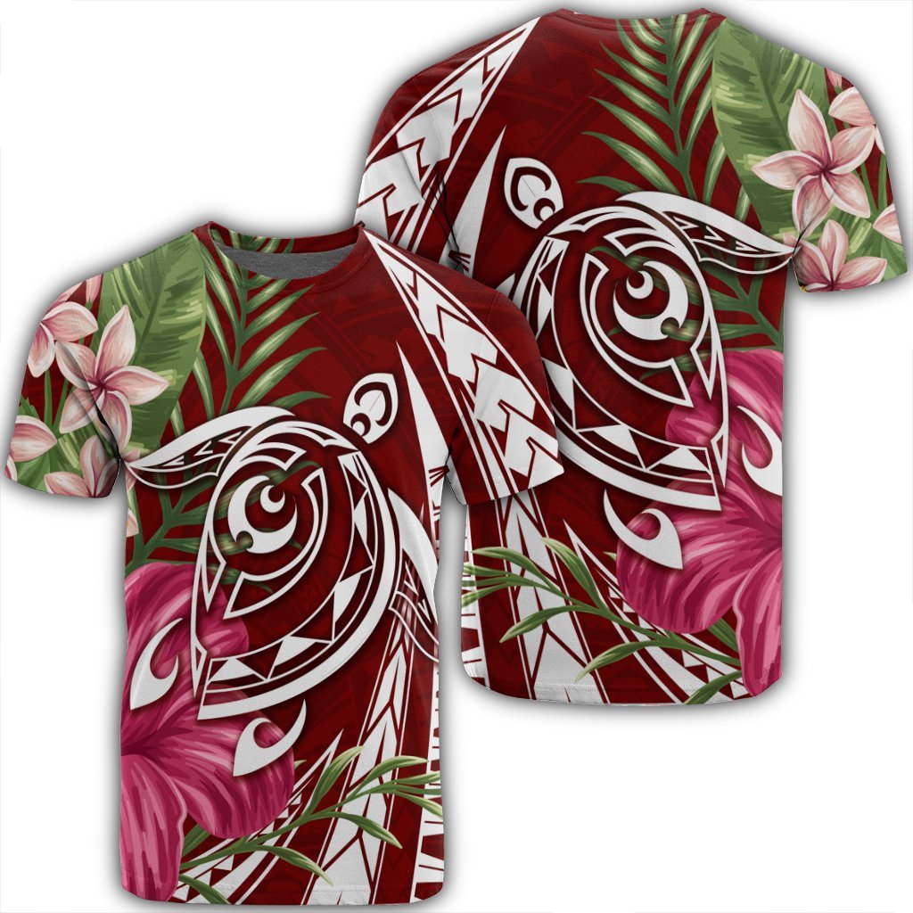 Hawaii Polynesian Turtle Tropical Hibiscus Plumeria T Shirt Red Unisex Black - Polynesian Pride