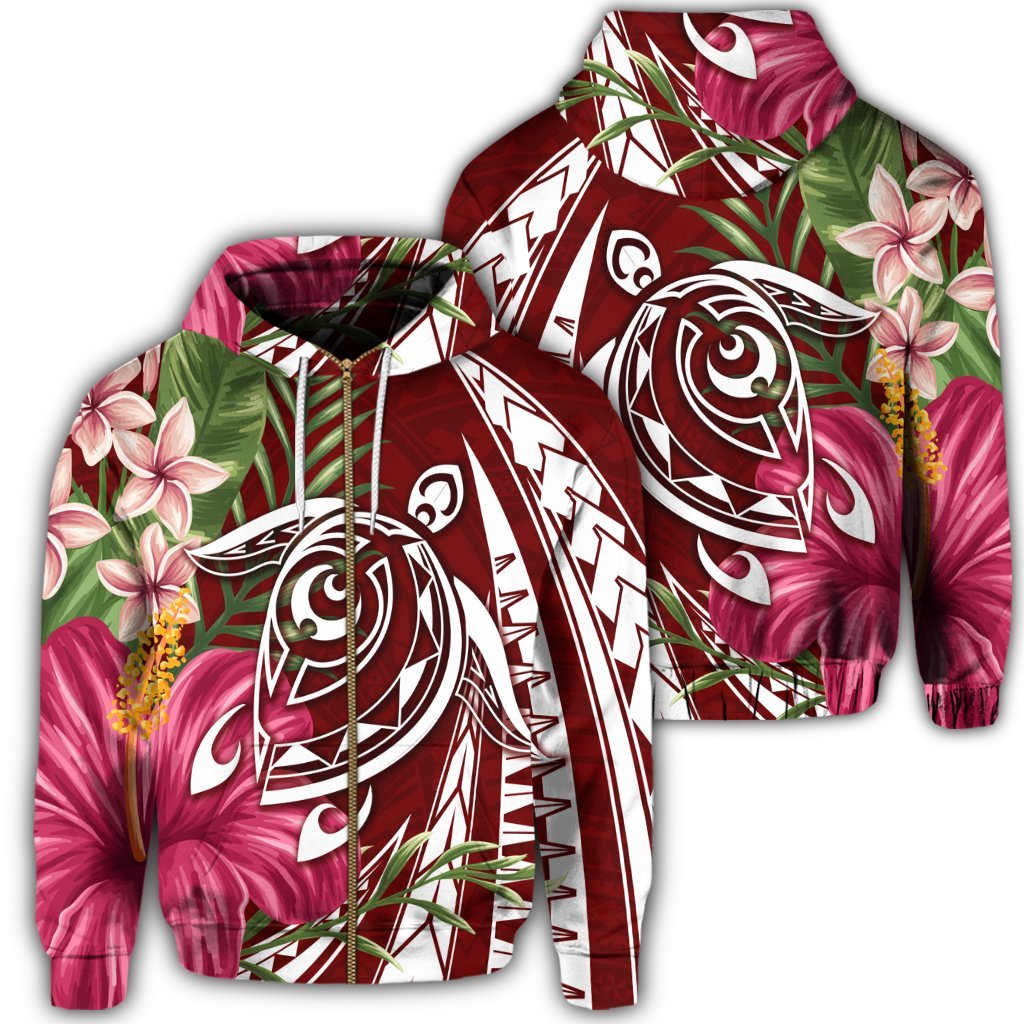 Hawaii Zip Hoodie Polynesian Turtle Tropical Hibiscus Plumeria Red Unisex Art - Polynesian Pride