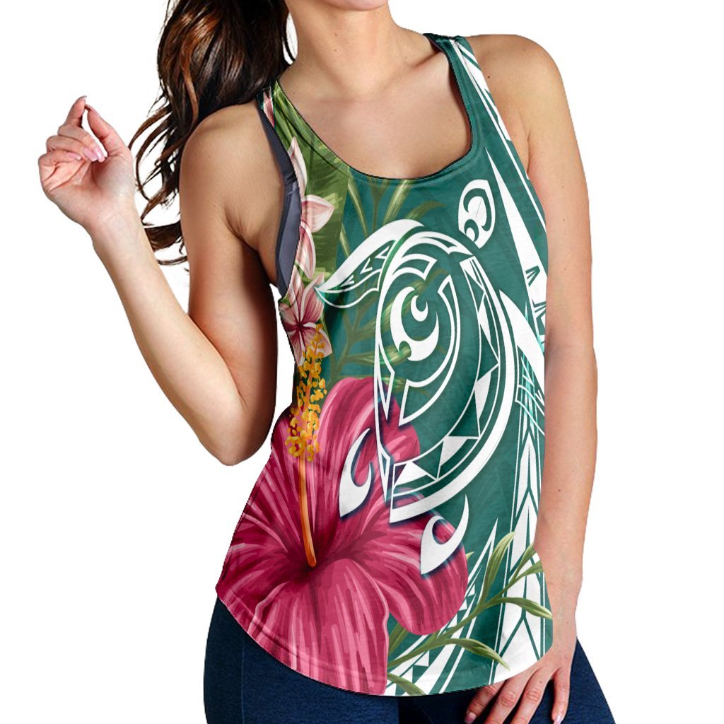 Hawaii Polynesian Turtle Tropical Hibiscus Plumeria Racerback Tank - Turquoise - AH - Polynesian Pride