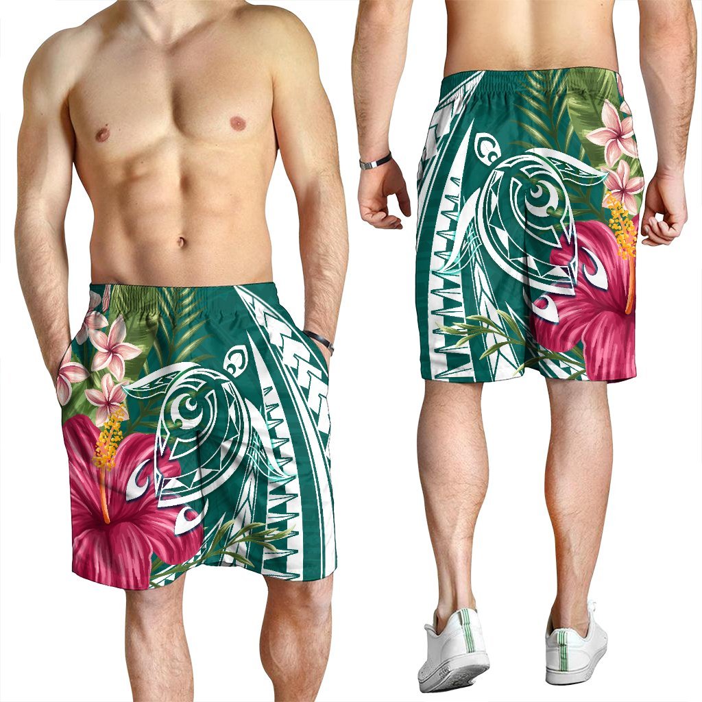 Hawaii Polynesian Turtle Tropical Hibiscus Plumeria Men's Shorts - Turquoise - AH - Polynesian Pride