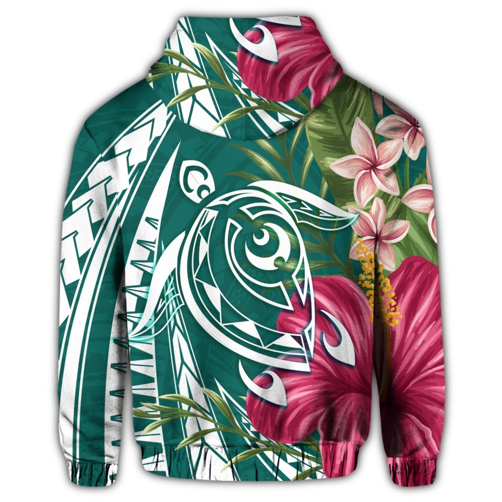 Hawaii Zip Hoodie Polynesian Turtle Tropical Hibiscus Plumeria Turquoise - Polynesian Pride