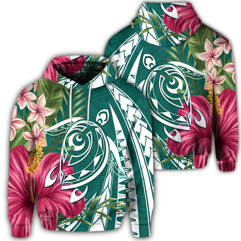 Hawaiian Polynesian Turtle Tropical Hibiscus Plumeria Hoodie Turquoise Unisex Art - Polynesian Pride