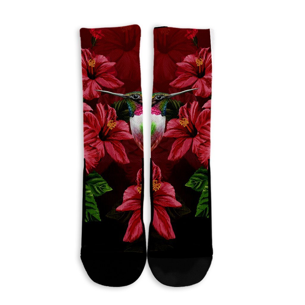 Hawaii Red Hibiscus Humming Bird Crew Socks - AH - Polynesian Pride
