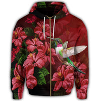 Hawaii Red Hibiscus Humming Bird Zip Hoodie - Polynesian Pride