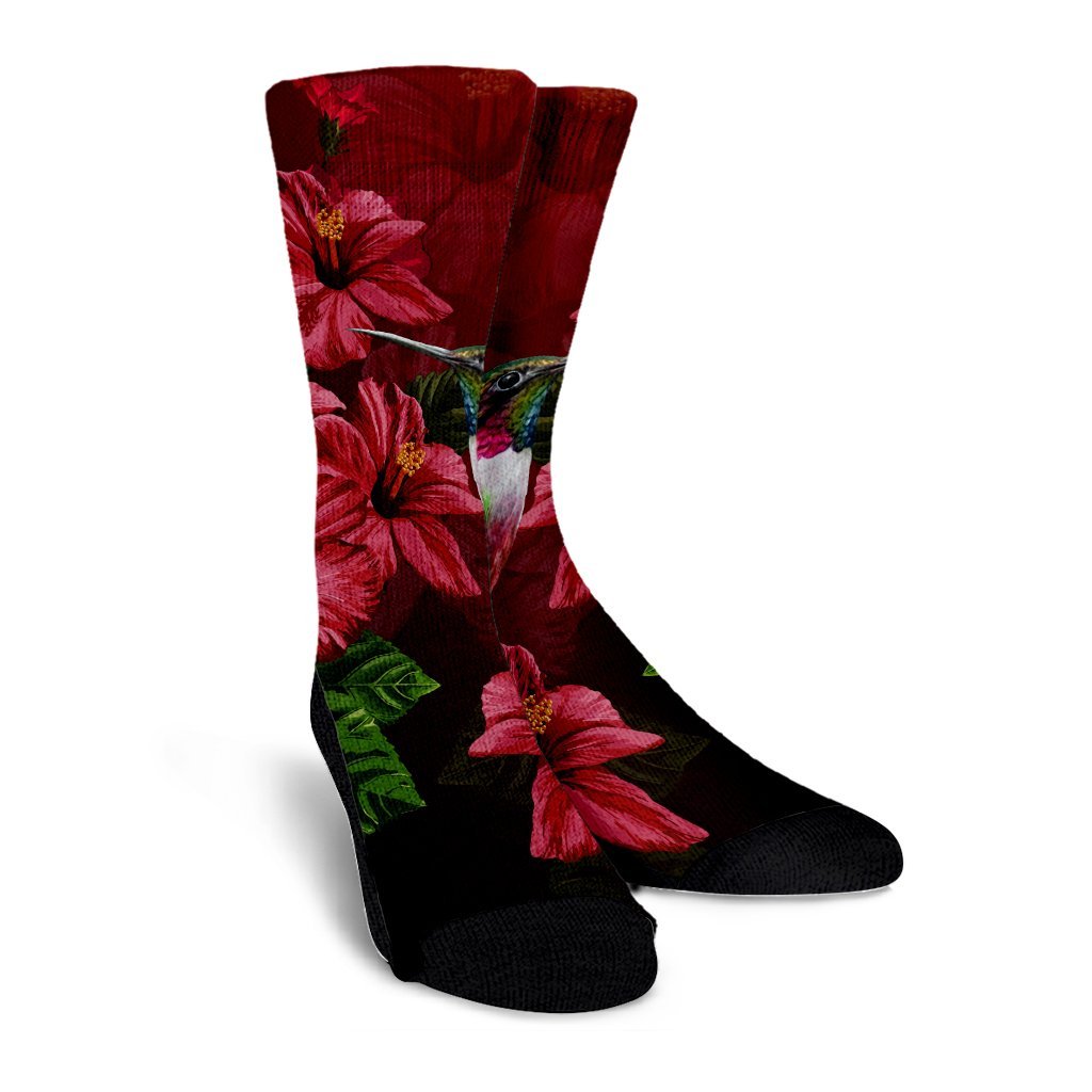 Hawaii Red Hibiscus Humming Bird Crew Socks - AH - Polynesian Pride