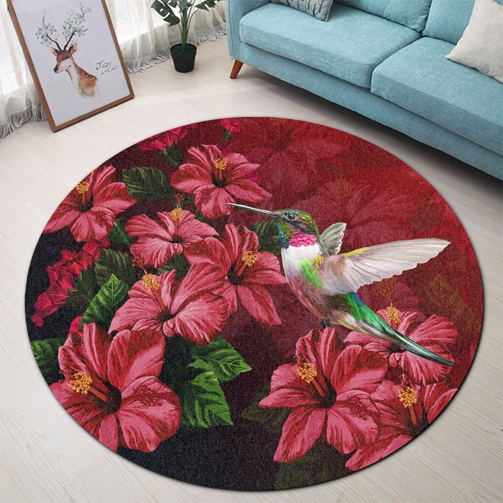 Hawaii Red Hibiscus Humming Bird Round Carpet - AH - Polynesian Pride