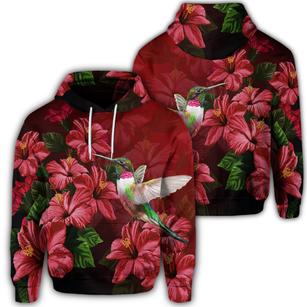 Hawaiian Red Hibiscus Humming Bird Hoodie Unisex Art - Polynesian Pride