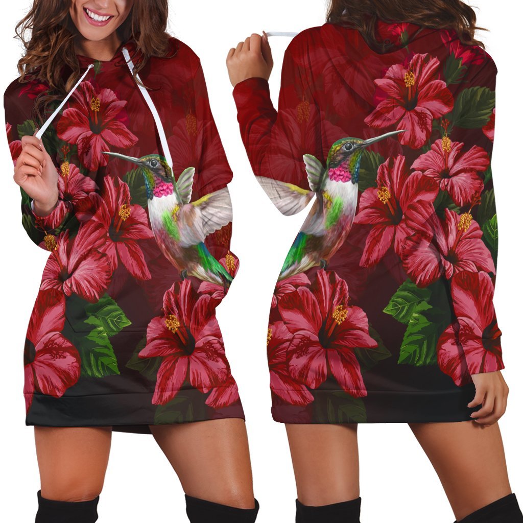 Hawaii Red Hibiscus Humming Bird Hoodie Dress - AH Black - Polynesian Pride