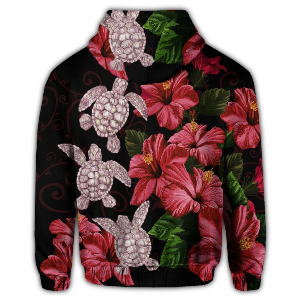 Hawaii Red Hibiscus Turtle Zip Hoodie Ray Style - Polynesian Pride