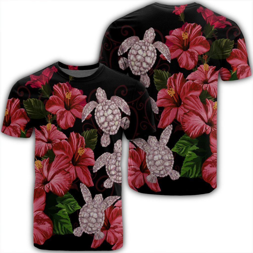 Hawaii Red Hibiscus Turtle T Shirt Ray Style Unisex Black - Polynesian Pride