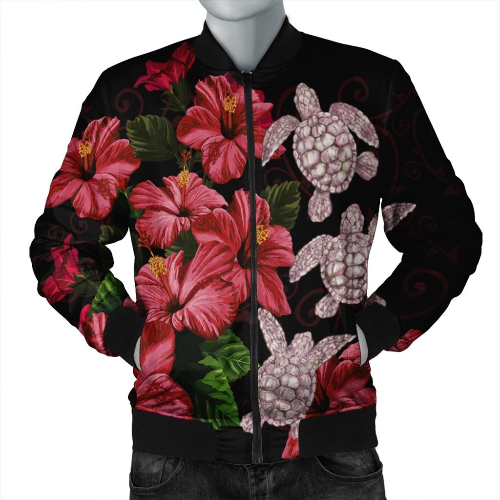 Hawaii Red Hibiscus Turtle Bomber Jacket - AH - Ray Style Black Unisex - Polynesian Pride