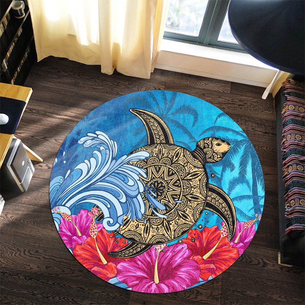 Hawaii Sea Turtle Hibiscus Coconut Tree Round Carpet - AH - Polynesian Pride
