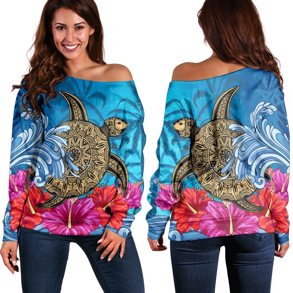 Hawaii Sea Turtle Hibiscus Coconut Tree Women's Off Shoulder Sweater - AH Black - Polynesian Pride