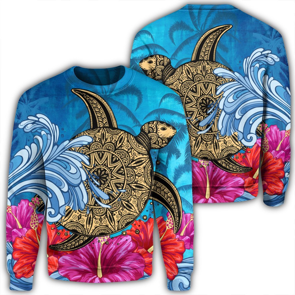 Hawaii Sea Turtle Hibiscus Coconut Tree Sweatshirt - AH Unisex Black - Polynesian Pride