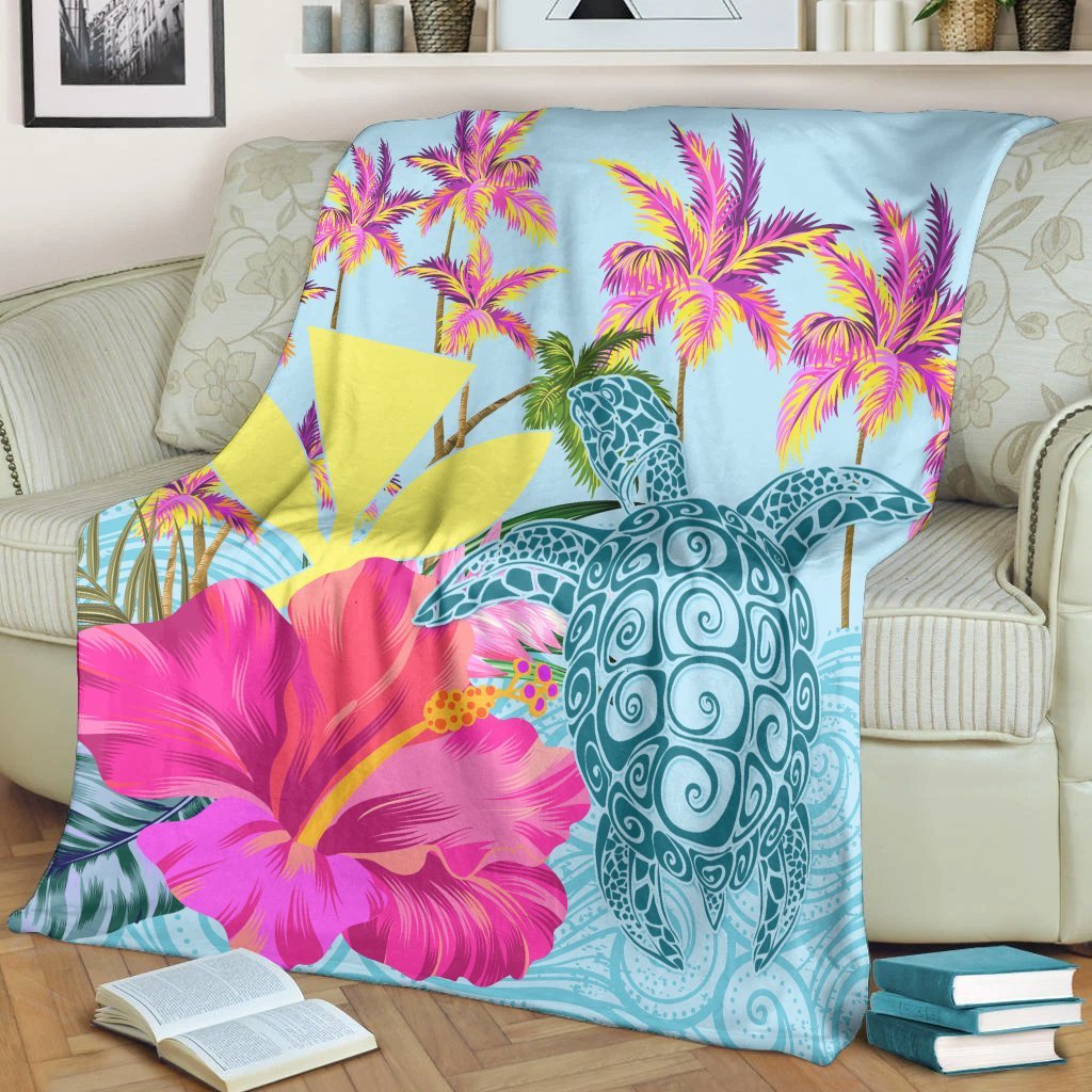 Hawaii Sea Turtle Hibiscus Kanaka Premium Blankets - AH - Polynesian Pride