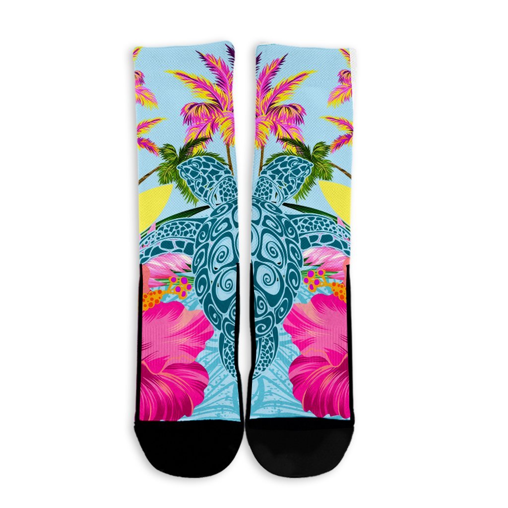 Hawaii Sea Turtle Hibiscus Kanaka Crew Socks - AH - Polynesian Pride