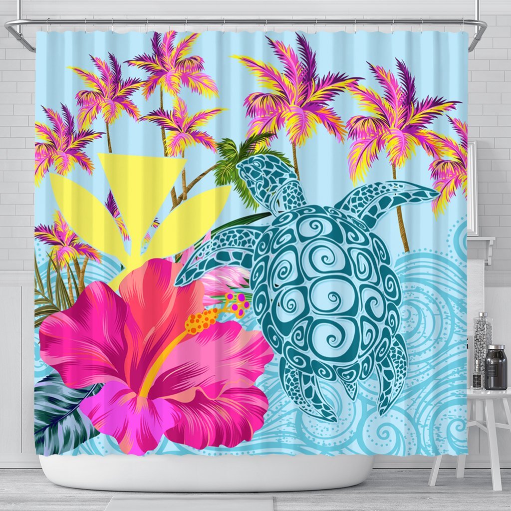 Hawaii Sea Turtle Hibiscus Kanaka Shower Curtain - AH 177 x 172 (cm) Black - Polynesian Pride