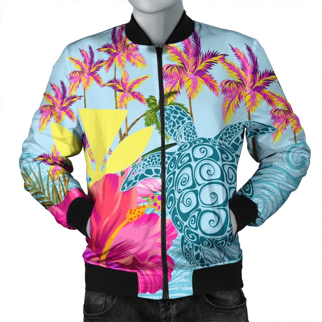 Hawaii Sea Turtle Hibiscus Kanaka Bomber Jacket - AH Black Unisex - Polynesian Pride