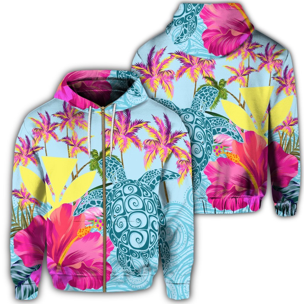 Hawaii Sea Turtle Hibiscus Kanaka Zip Hoodie Unisex Art - Polynesian Pride