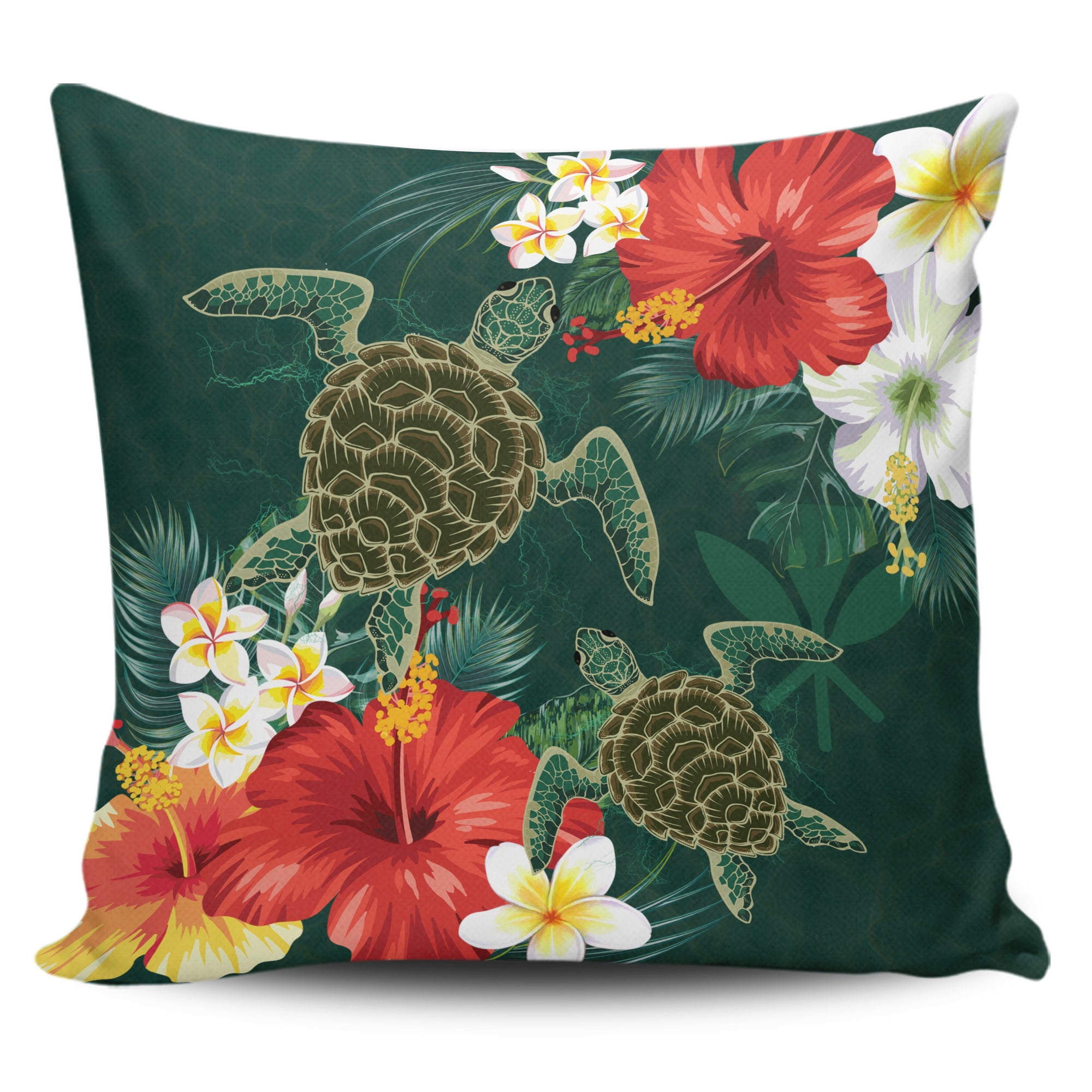 Hawaii Sea Turtle Hibiscus Plumeria Pillow Cover One Size Green - Polynesian Pride