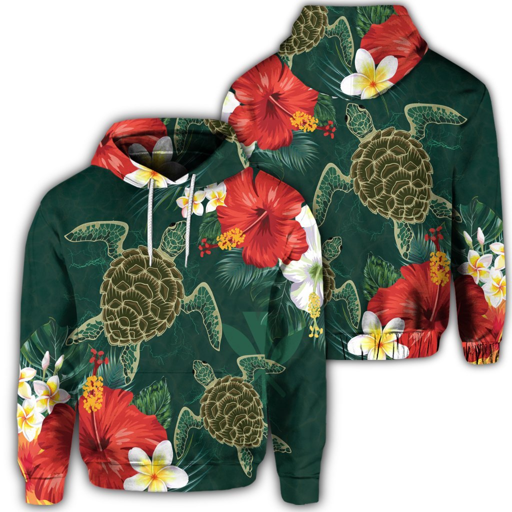 Hawaiian Sea Turtle Hibiscus Plumria Hoodie Unisex Art - Polynesian Pride