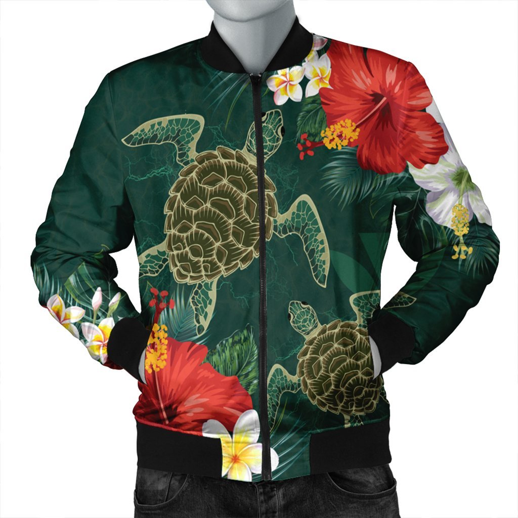 Hawaii Sea Turtle Hibiscus Plumria Bomber Jacket - AH Black Unisex - Polynesian Pride