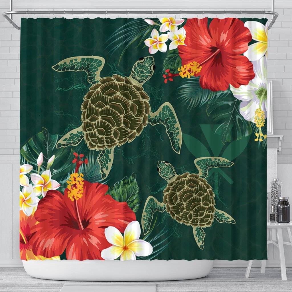 Hawaii Sea Turtle Hibiscus Plumria Shower Curtain - AH 177 x 172 (cm) Black - Polynesian Pride