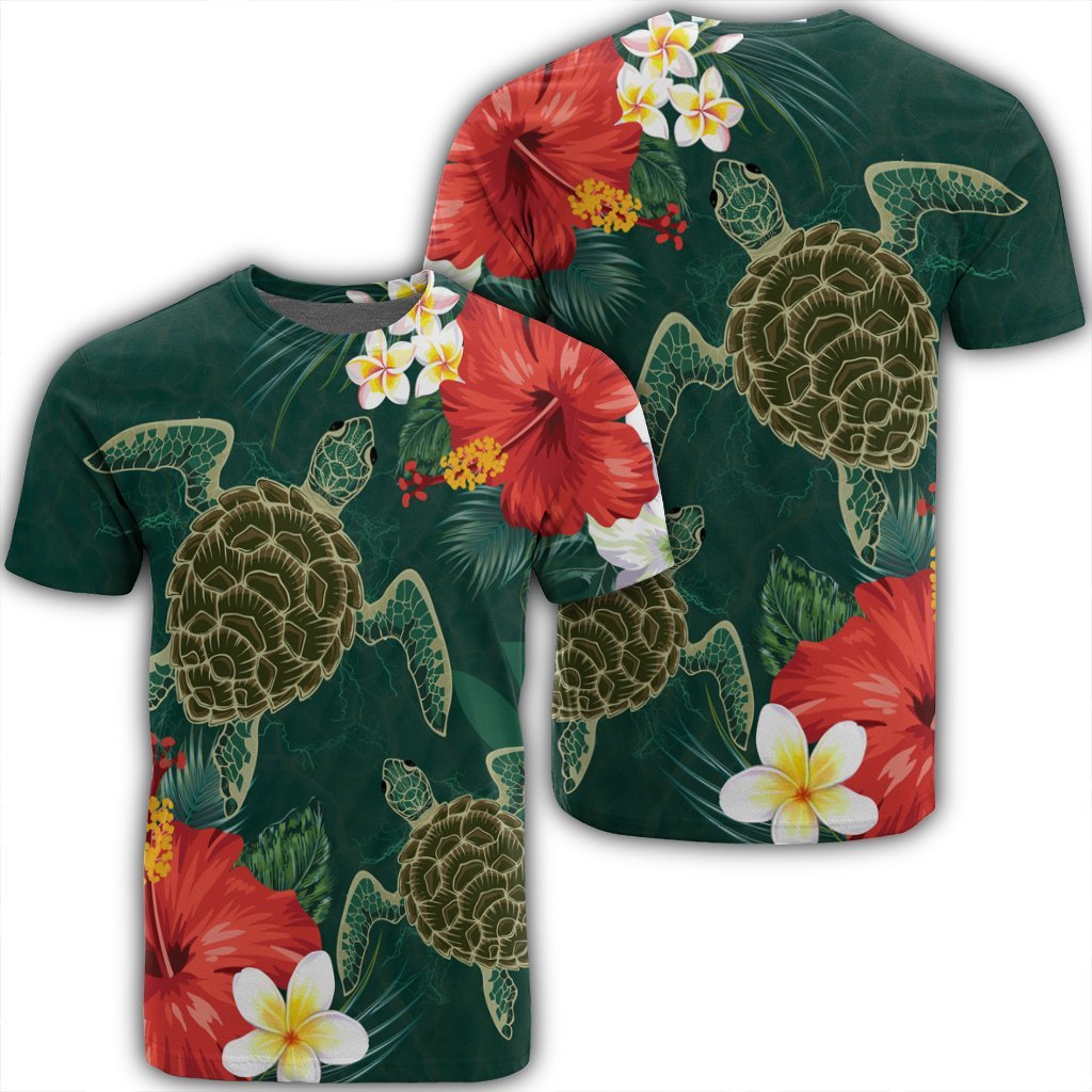 Hawaii Sea Turtle Hibiscus Plumria T Shirt Unisex Black - Polynesian Pride