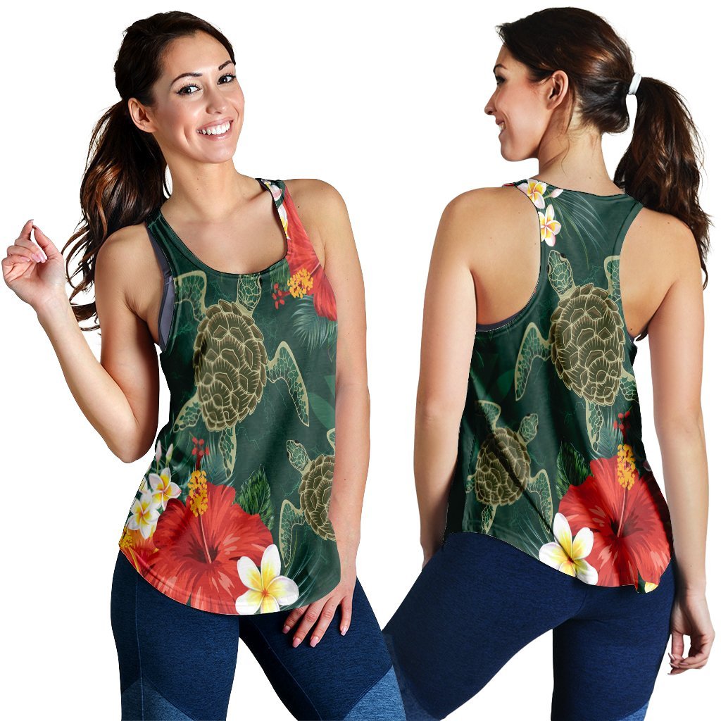 Hawaii Sea Turtle Hibiscus Plumria Racerback Tank - AH Black - Polynesian Pride