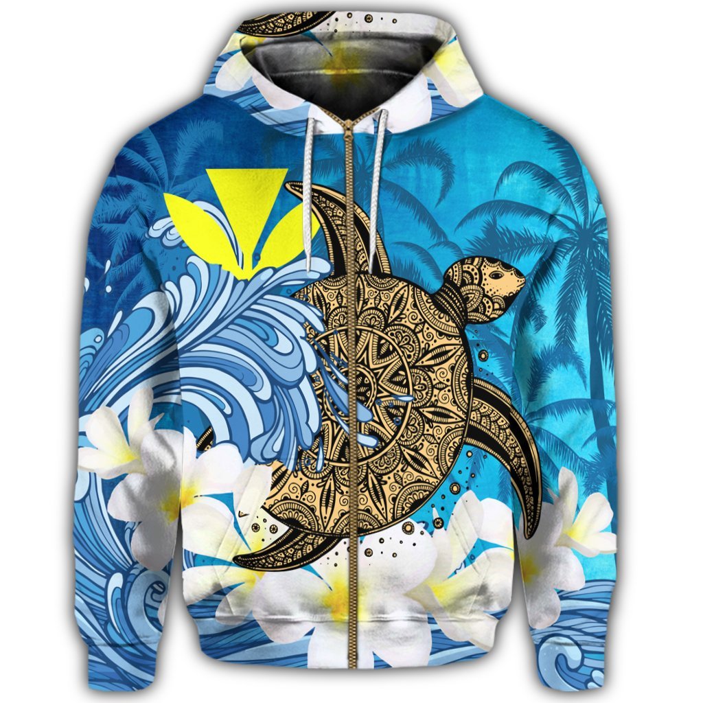 Hawaii Sea Turtle Plumeria Coconut Tree Zip Hoodie - Polynesian Pride