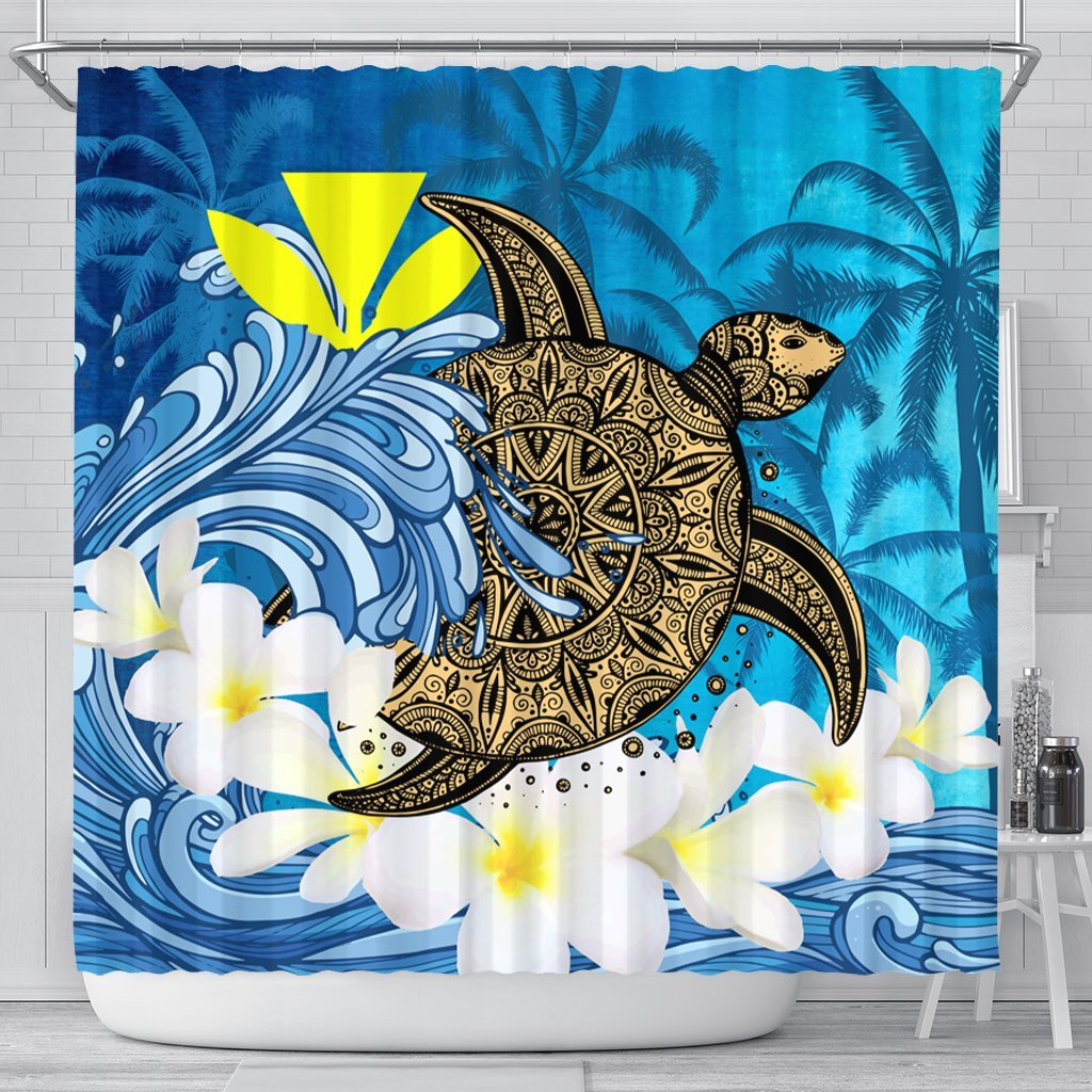 Hawaii Sea Turtle Plumeria Coconut Tree Shower Curtain - AH 177 x 172 (cm) Black - Polynesian Pride