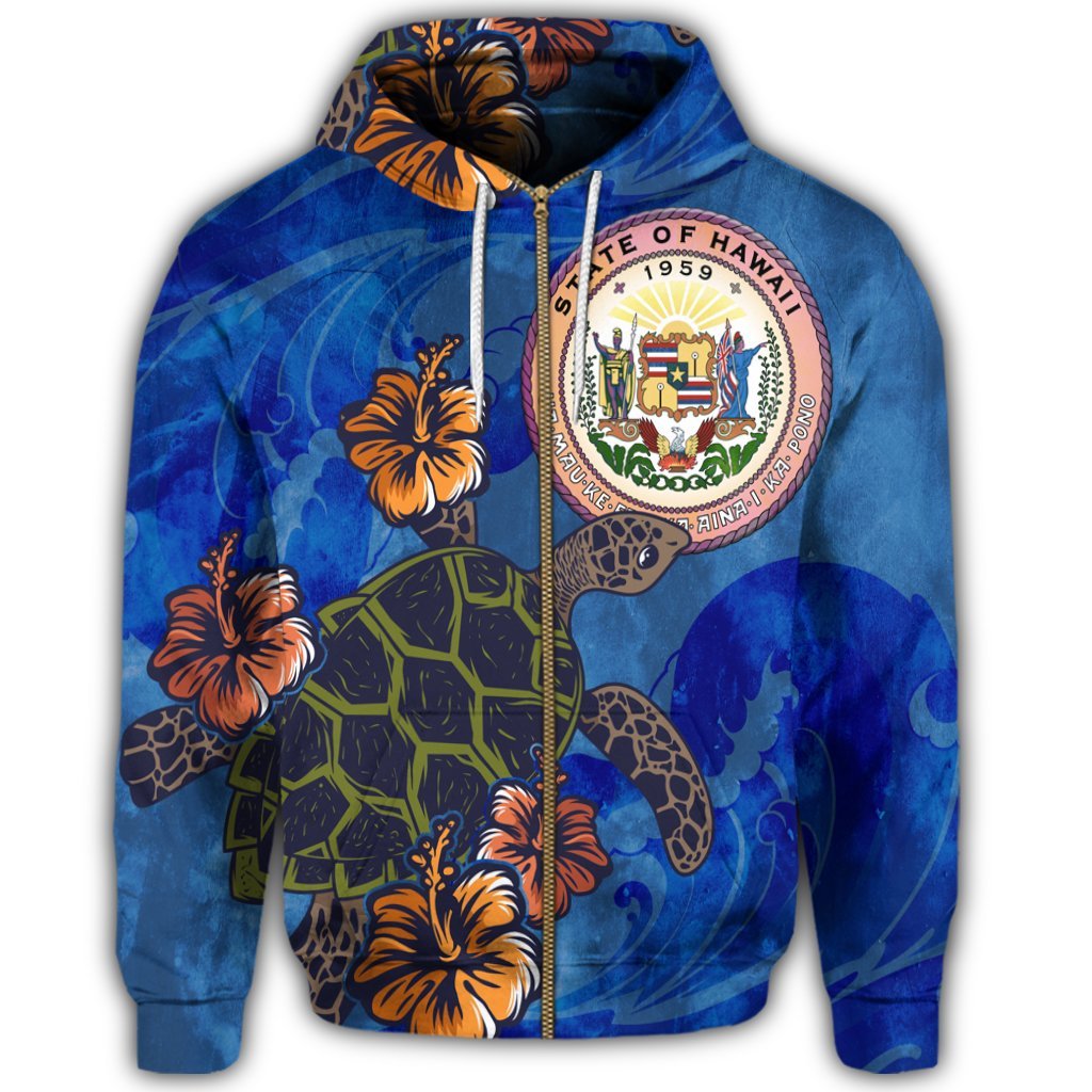 Hawaii Seal of Hawaii Hibiscus Ocean Turtle Polynesian Zip Hoodie - Polynesian Pride
