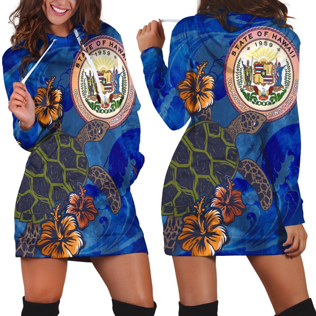 Hawaii Seal Of Hawaii Hibiscus Ocean Turtle Polynesian Hoodie Dress - AH Black - Polynesian Pride