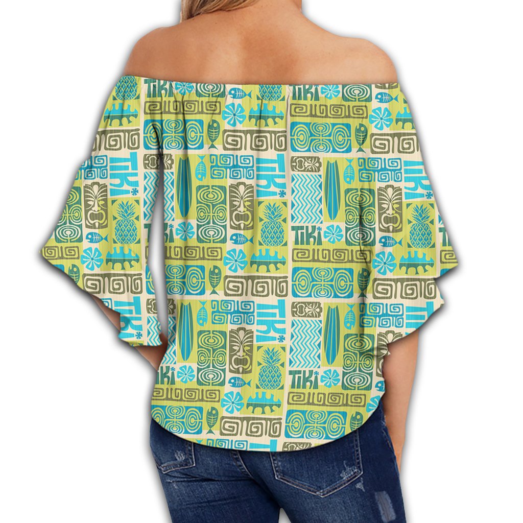 Hawaii Seamless Exotic Tiki Pattern Women's Off Shoulder Wrap Waist Top - AH - Polynesian Pride