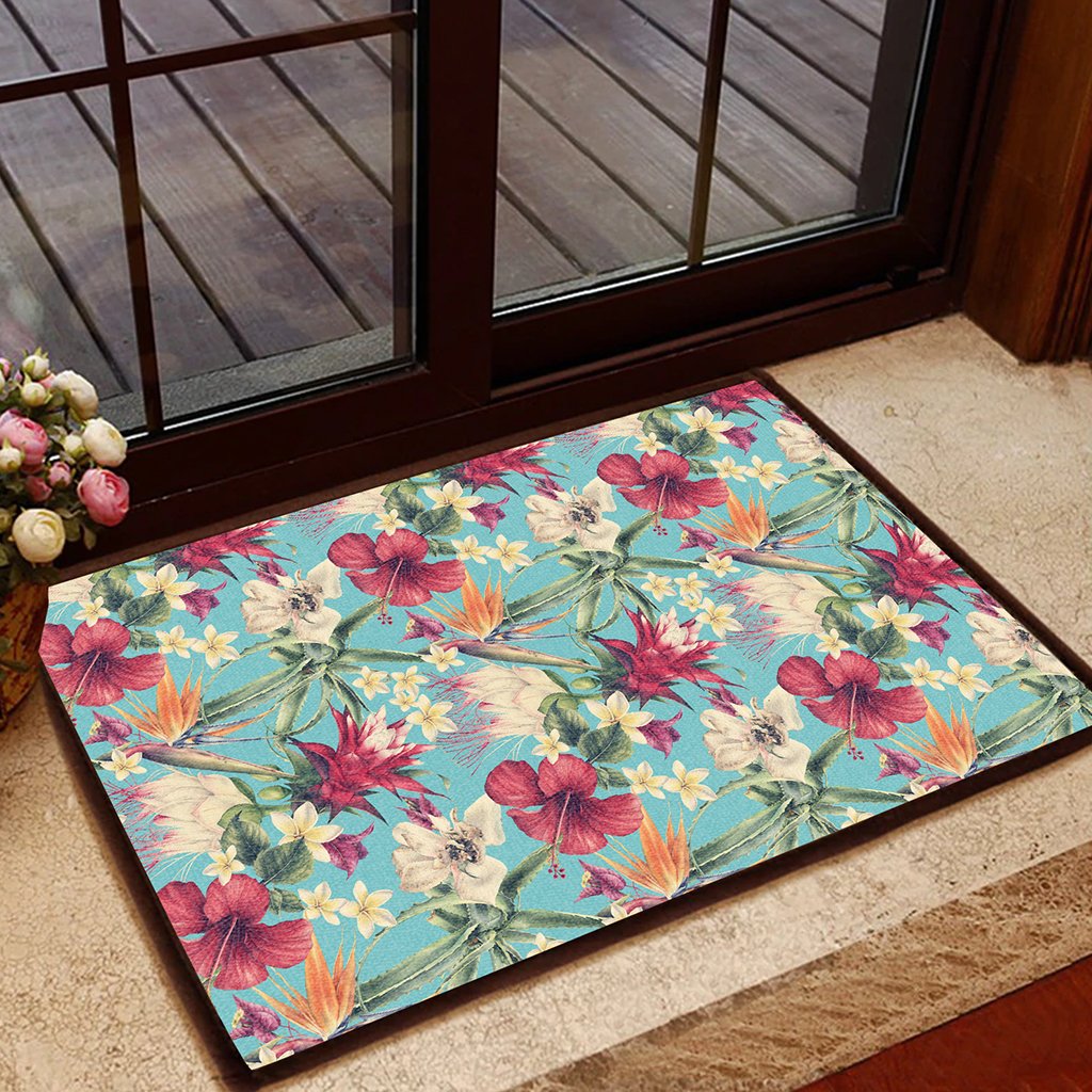 Hawaii Seamless Floral Pattern With Tropical Hibiscus, Watercolor Hawaii Door Mat Door Mat Black - Polynesian Pride