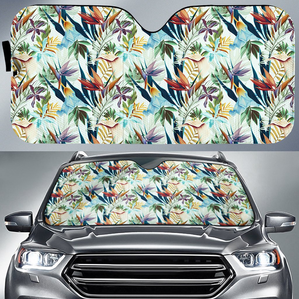 Hawaii Seamless Tropical Flower Plant And Leaf Hawaii Car Sun Shade Auto Sun Shade Universal Fit White - Polynesian Pride