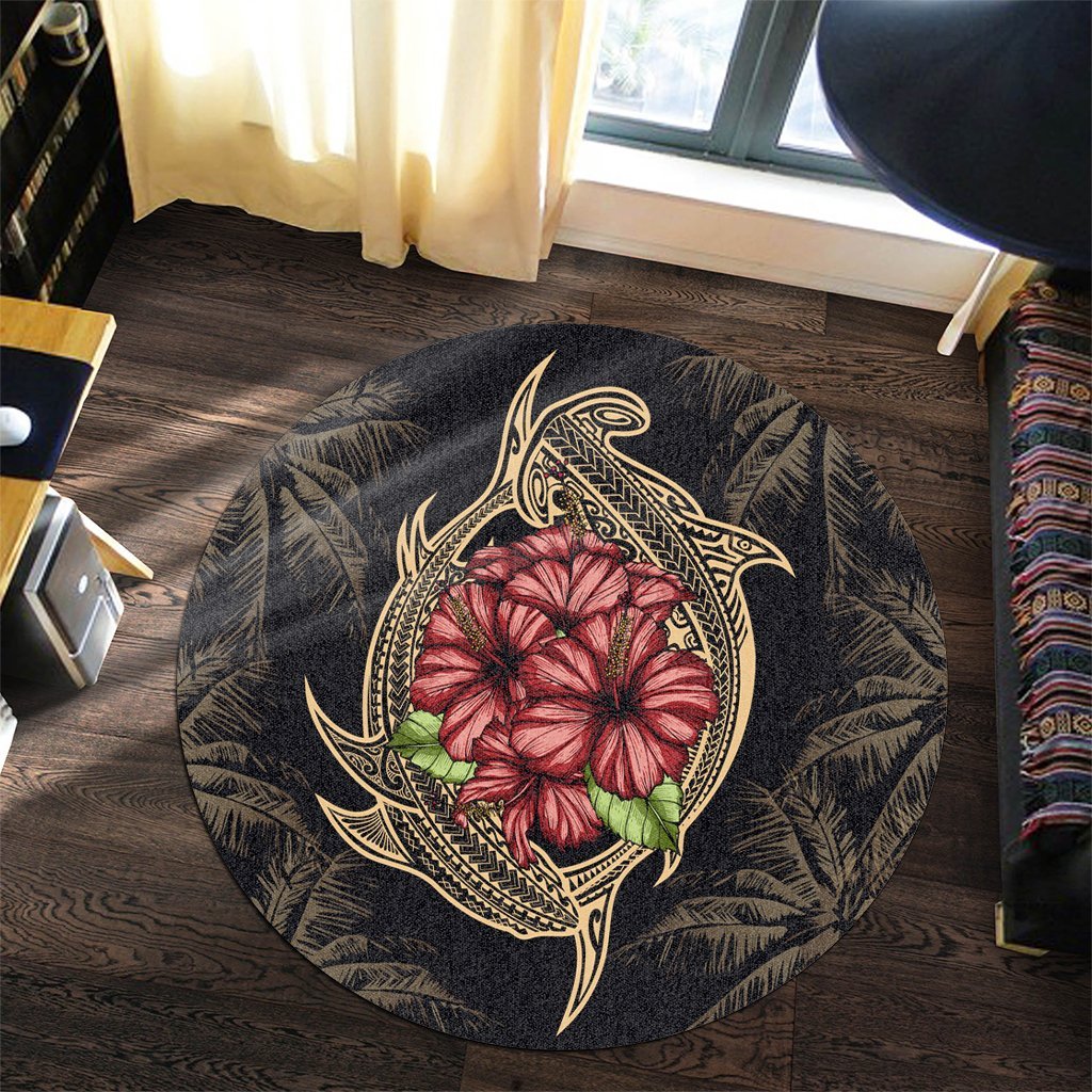 Hawaii Shark Hibiscus Gold Round Carpet - AH - Polynesian Pride