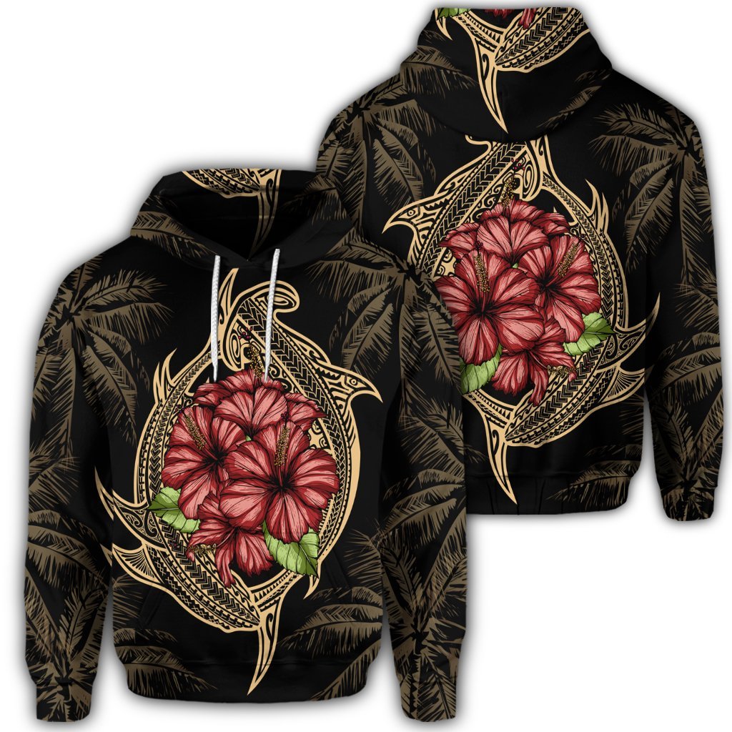 Hawaiian Shark Hibiscus Gold Hoodie Polyester - Polynesian Pride