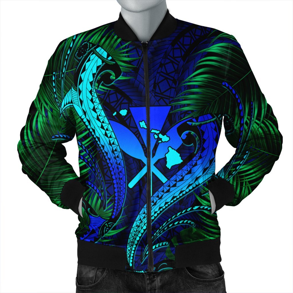 Hawaii Shark Polynesian Tropical Bomber Jacket - Blue - AH Black Unisex - Polynesian Pride