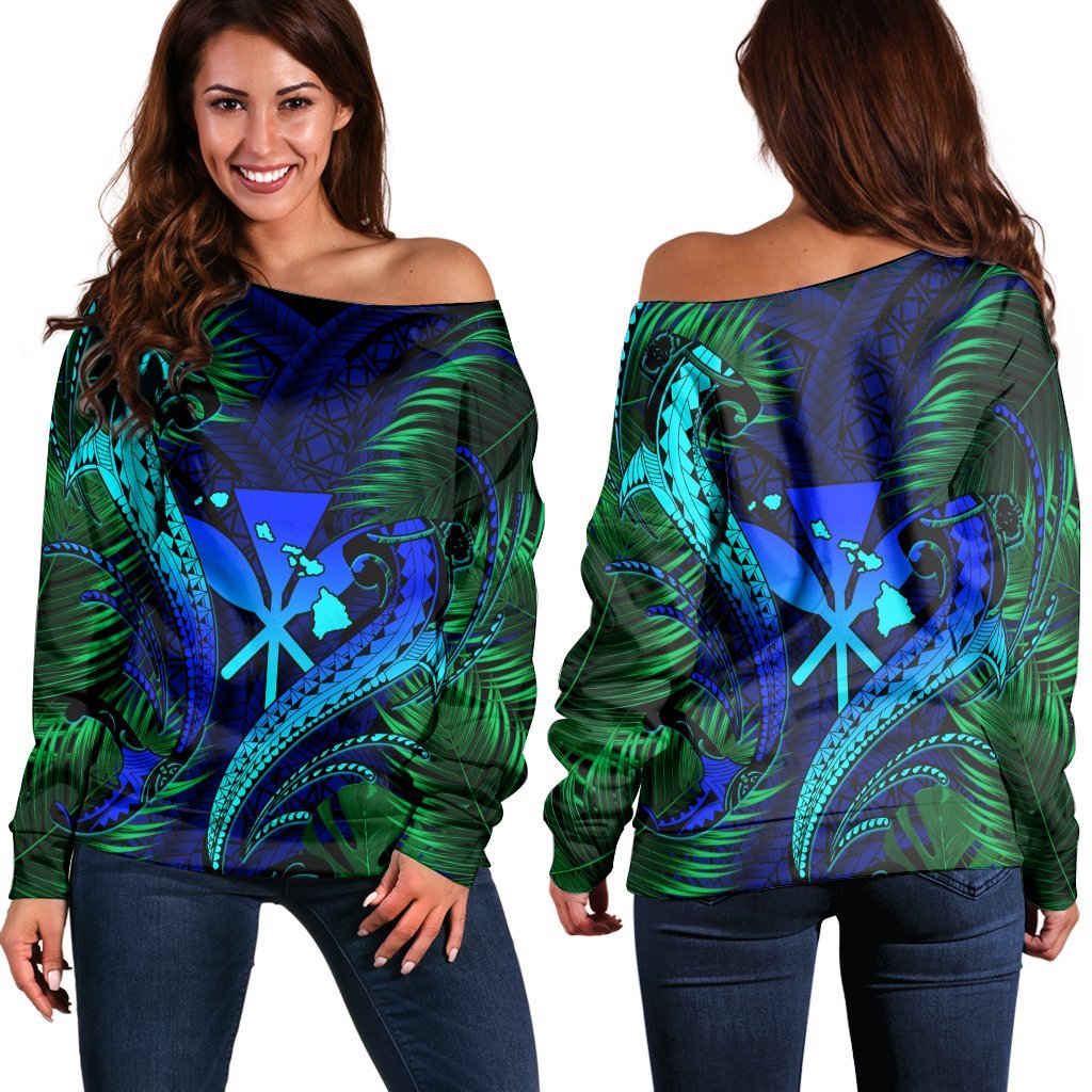 Hawaii Shark Polynesian Tropical Women's Off Shoulder Sweater - Blue - AH Black - Polynesian Pride